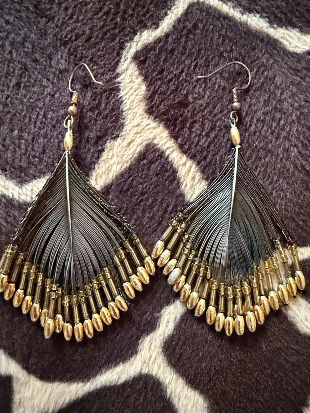 Gorgeous Vintage Peacock Feather and Hand  Beaded Earrings